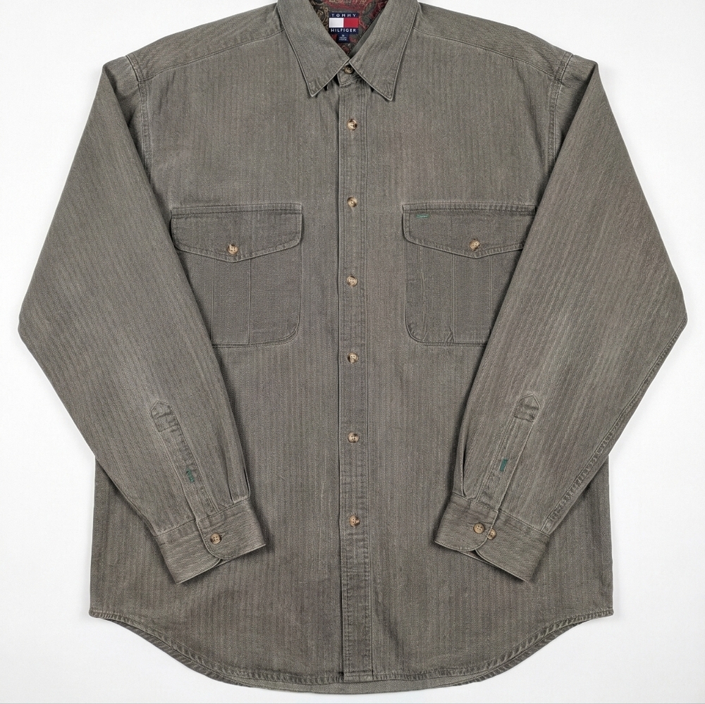 Tommy Hilfiger Men's‎ Olive Green Button-Up Shirt Vintage Medium